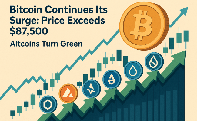 Биткоин продолжает расти: цена превысила $87 500, альткоины уверенно идут вверх